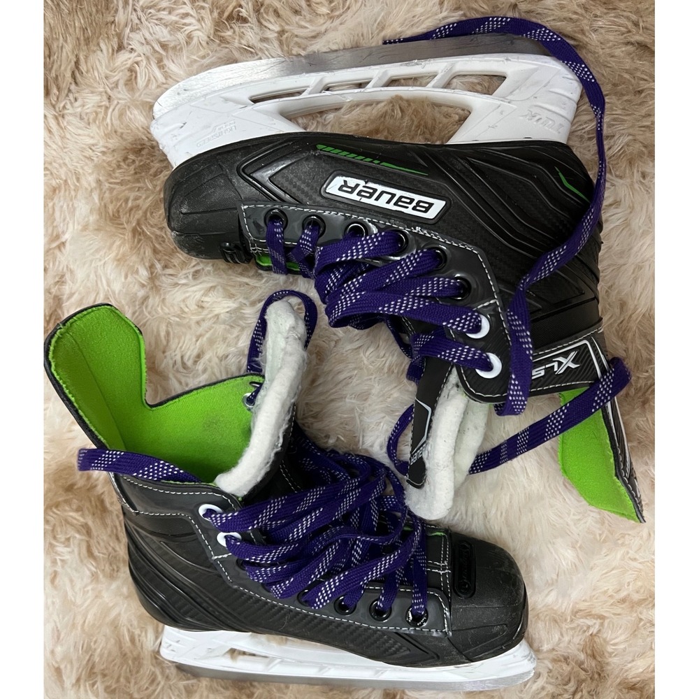 Bauer XLS Ice Hockey Skates Black Green Purple Youth Size 2 Tuuk Lightspeed Pro